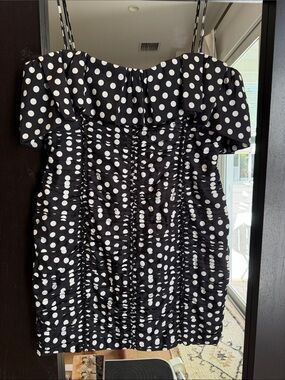 Emanuel Ungaro Black and White Polka Dot Ruched Off-Shoulder Mini Dress